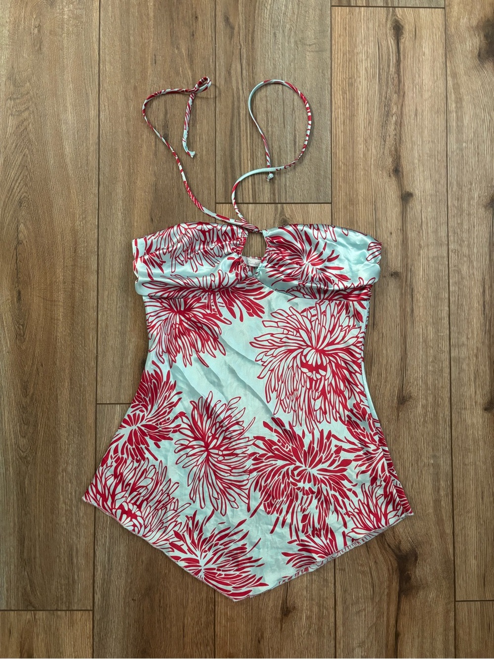 Vintage Y2K Satin Tie Halter Top Teal Aqua Red Floral Design by Charlotte Russe